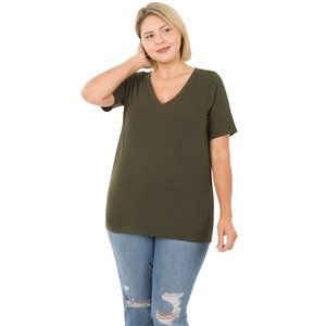 Zenana Dark Olive Wardrobe Staple V Neck Tee